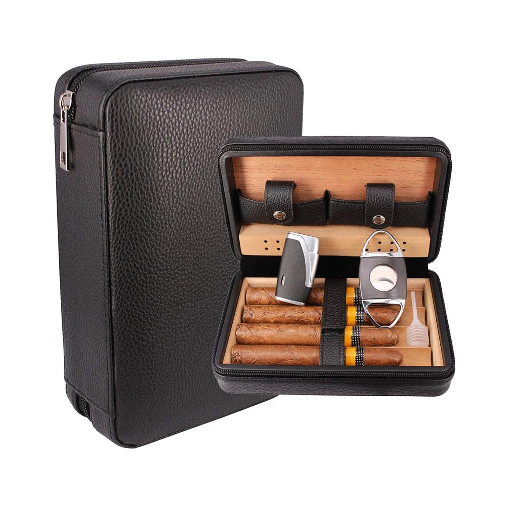 Popular Cedar Wood Lined Portable Travel Leather Cigar Bag Humidor Case Packed Gift Box Cigar barrel Brown genuine Leather