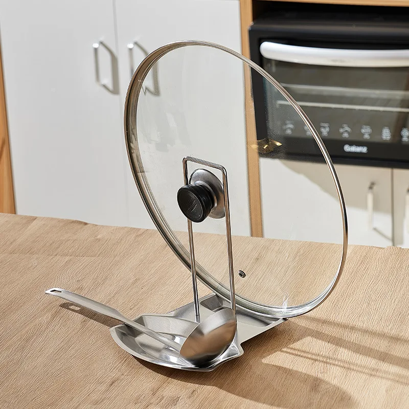2-in-1 Lid & Spoon Holder Upstanding Stainless Steel Ladles Holder Spoon Rest and Pot Lid Holder for Kitchen Utensil
