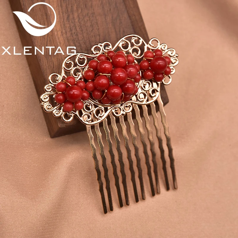 Natural Round Coral Hair Clip Wedding Bridal Jewelry 18k Gold Vintage Hair Accessori For Woman