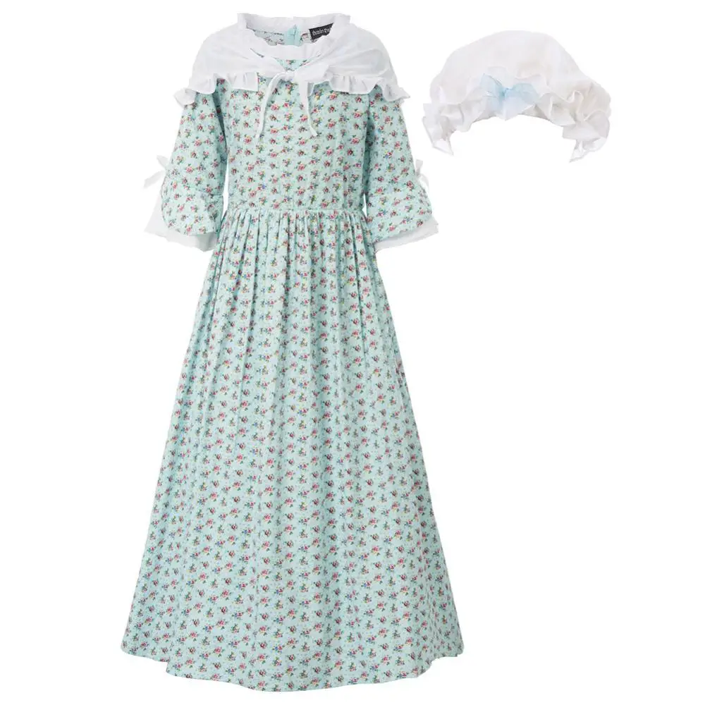 SLA02019 3pcs Set Cotton Dress+Shrug+Hat Children Kids Girls Colonial Costumes