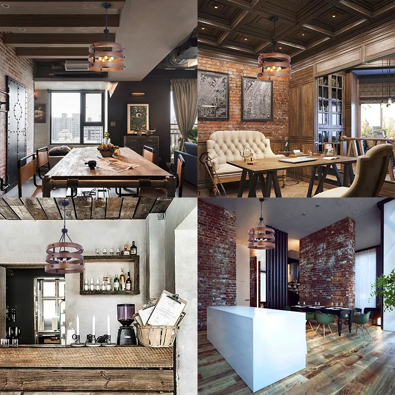 Nordic Industrial vintage iron wood Indoor retro loft Hanging pendant Light Metal Rustic round LED antique Wooden Chandelier