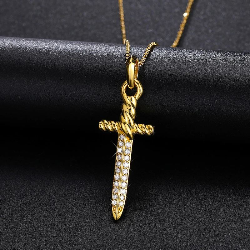 14K Gold Plated Fashionable Sword Design Cross Pendant 925 Sterling Silver VVS Moissanite Diamond Hip Hop Cross Pendant Necklace