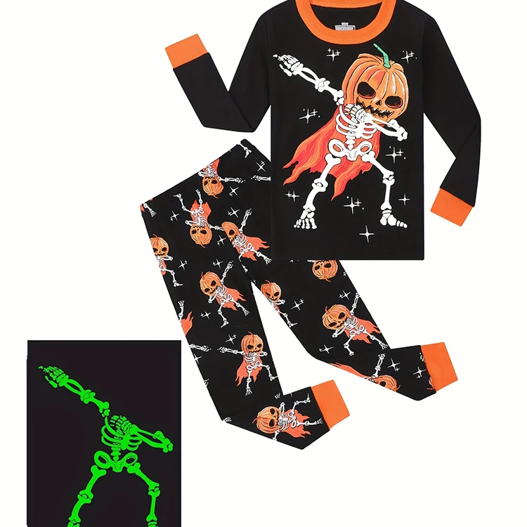 Skull Luminous Pajamas Kids Cotton Long Sleeve Tops Long Trousers Halloween Skeleton Pajamas Sets With Noctilucence
