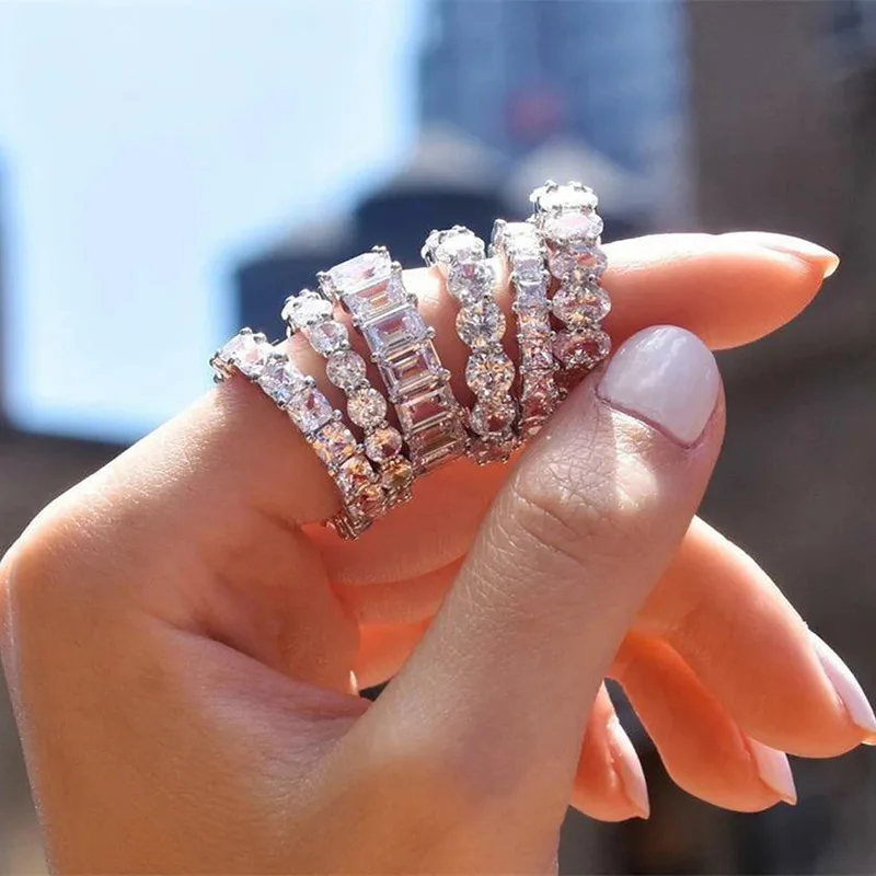 Popular Wholesale Full Circle Unique Silver Jewelry Women Oval Eternity Engagement Wedding Diamond Baguette Ring