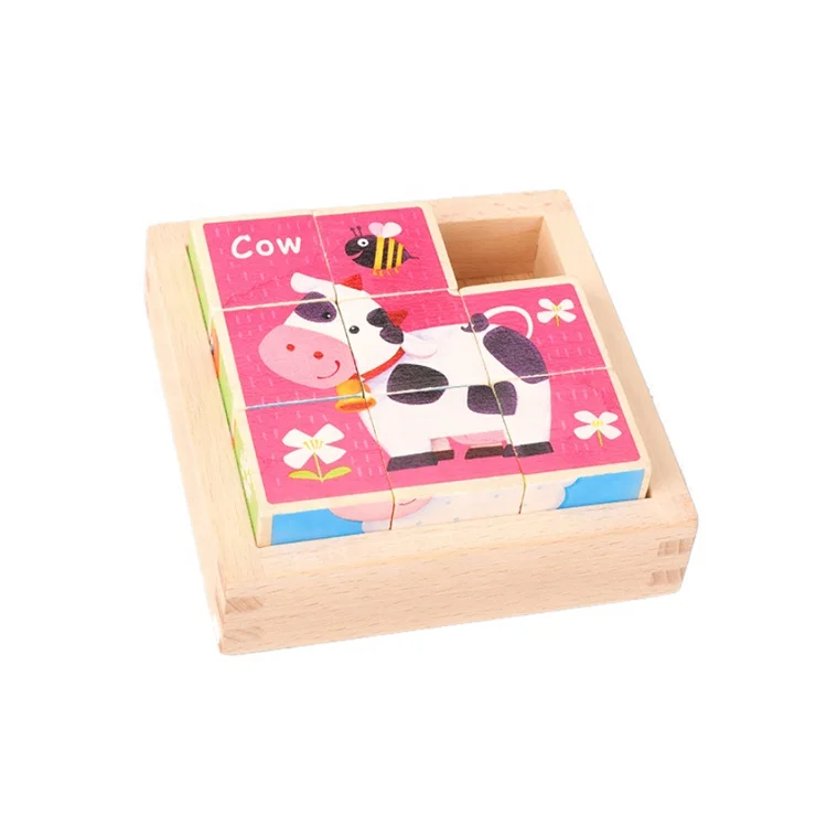 Wooden Montessori baby Toys intelligent learning cow 3D cube blocks