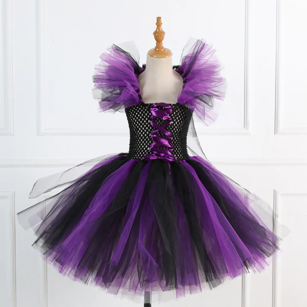 Wholesale Halloween Girls Witch Costumes Fancy Dress Up Kids Purple Black Tutu Dress Party Carnival  Outfit with Hat