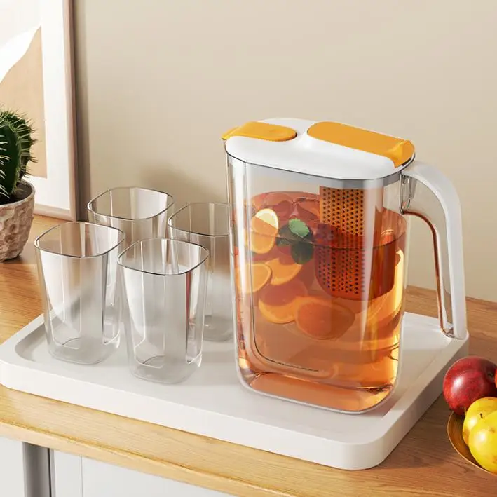 2.6L large capacity plastic cold water kettle with fruit tea lemon filter and 4 cups of food grade AS material beverage kettle