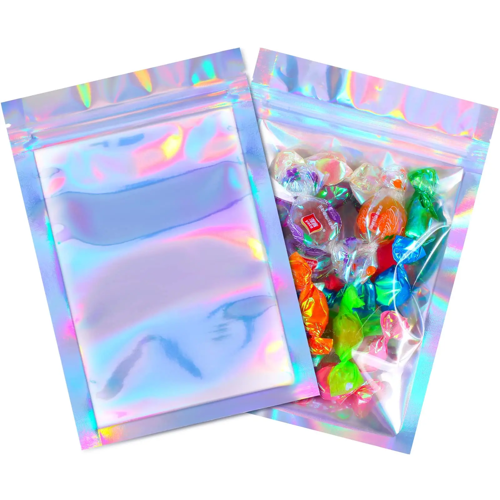 100 Pieces One Side Clear Smell Proof Mylar Bags Holographic Ziplock Packaging Bags Storage Bag for Food