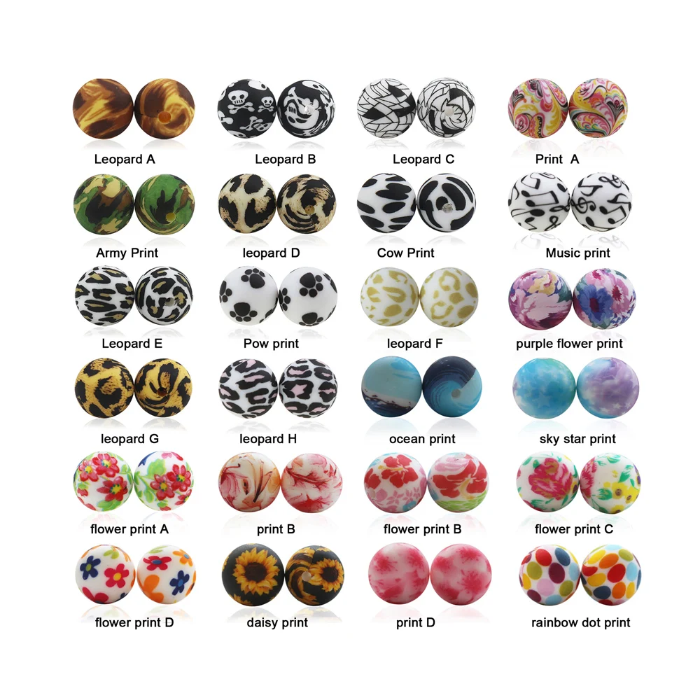Low MOQ Stocks Food Grade 120 Printing Design Leopard Print 12mm 15mm Teething Silicone Beads