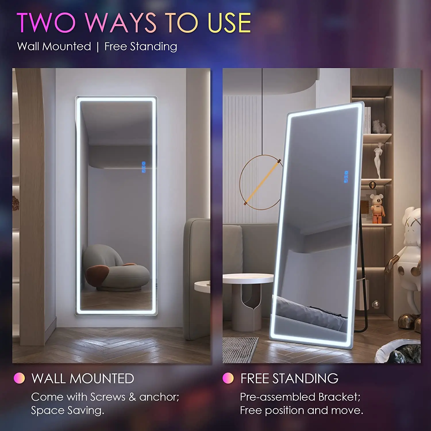 RGB LED Mirror Free Standing Floor Wall Mounted Hanging Full Body Lighted Full Length Mirror with Lights