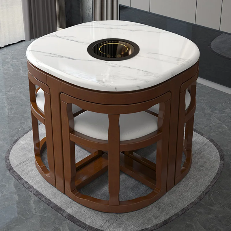 Marble Rock Slab Dining Table Set Luxury Solid Wood Induction Cooktop Space Saving Lightweight Small Household Modern Design