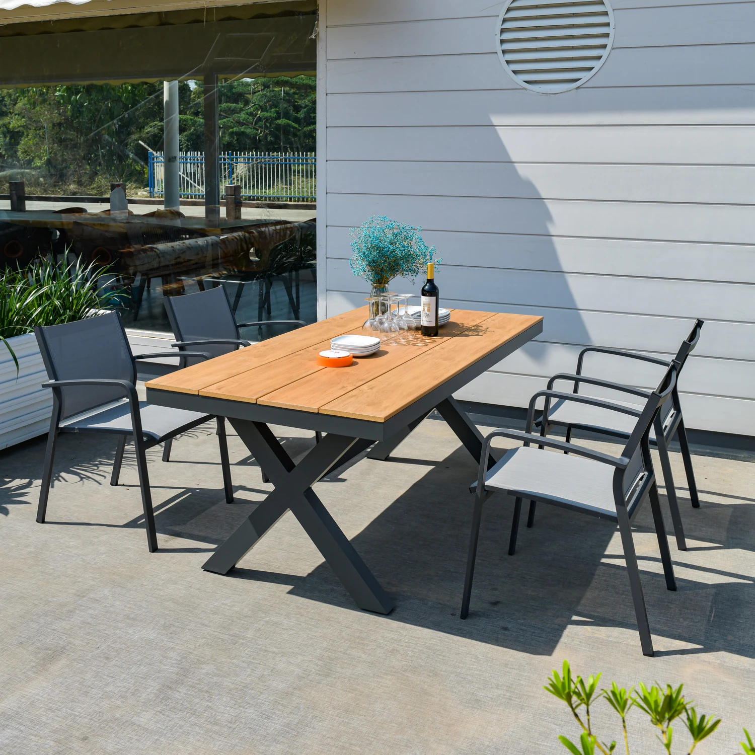 carbon grey 180 cm outdoor patio table sets  4 people leisure garden furniture rope rattan chairs waterproof wholesale