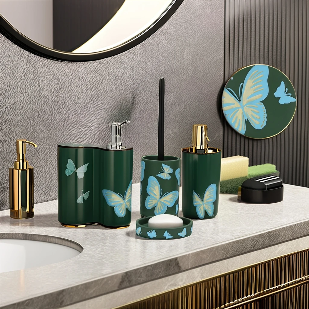 ASPIRE 5pcs Ceramic Bathroom Set Bamboo Butterfly Pattern White Red Includes Soap Dish Toothbrush Holder Soap Dispenser Shower