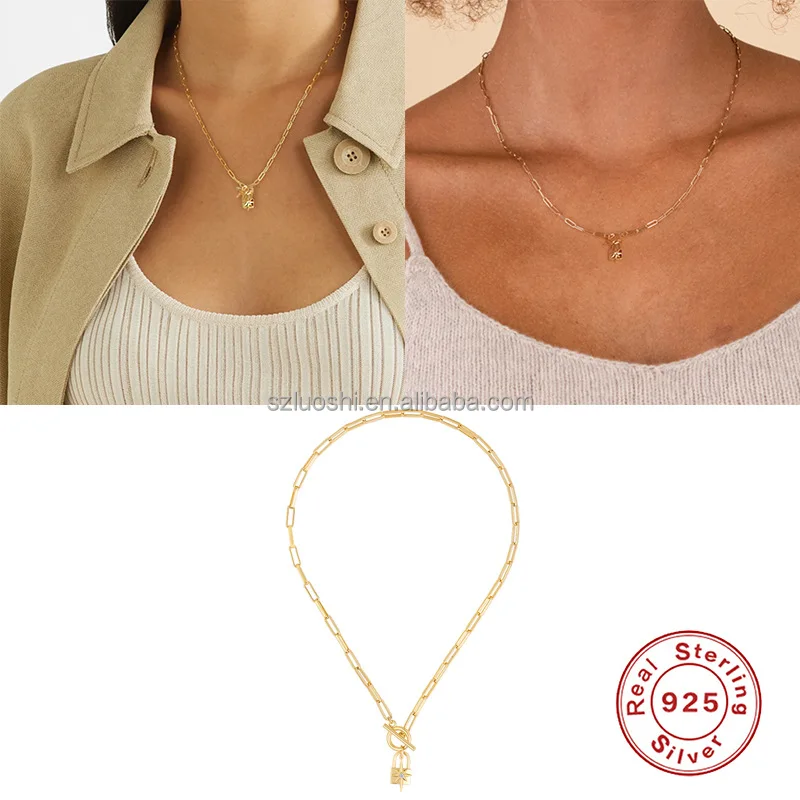 S925 Sterling Silver Creative Personality 18K Gold Plated Cubic Zirconia Key Geometric Lock Diamond Star Pendant Choker Necklace