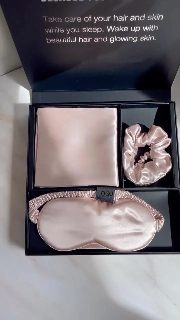 Wholesale 100% mulberry  luxury silk pillowcase with gift box logo silk eye masks and pillowcases with sleeping