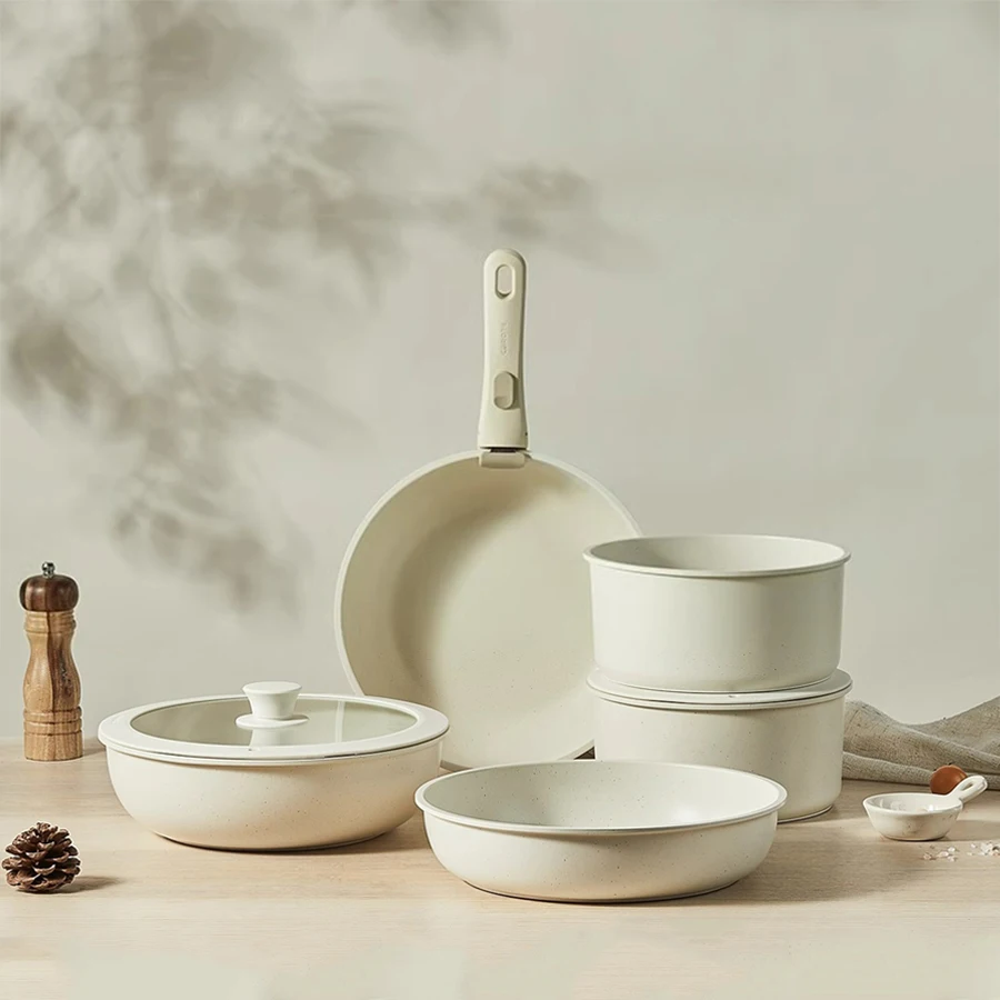 3 Piece Non Stick Removable Handles Kitchenware Medical Stone Detachable Handle Cookware Set For Induction Cookers