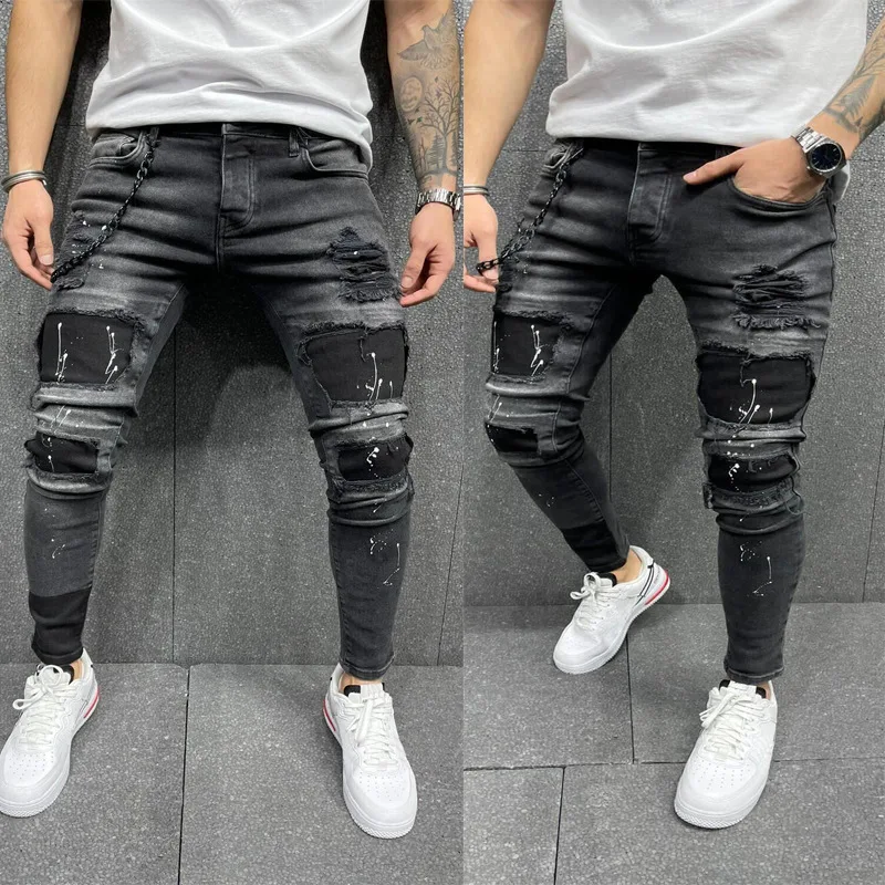 
 OEM Wholesale Price Latest Private Label Men Trousers Jeans Homme Patchwork Jeans  