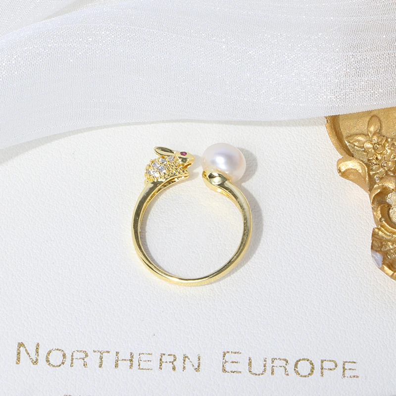 Модное кольцо с жемчугом и пуговицами размером 7-8 мм, покрытое позолотой 14 к, с милым Кроликом, по низкой цене