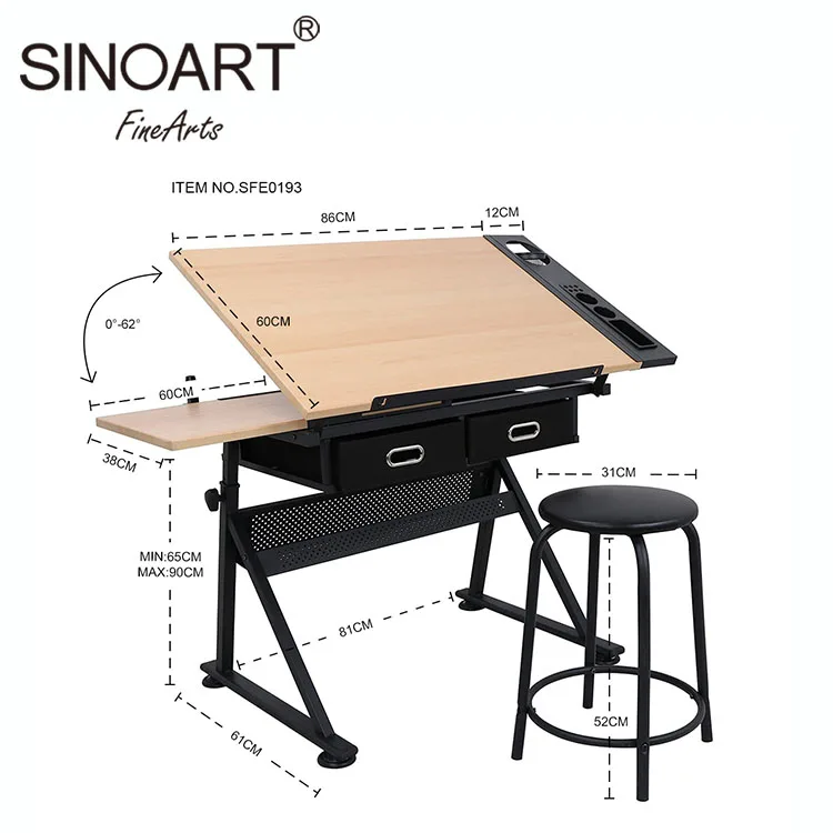Height And Angle Adjustable Drawing Table Mdf Tabletop Drafting Table With Stool And Storage Drawer