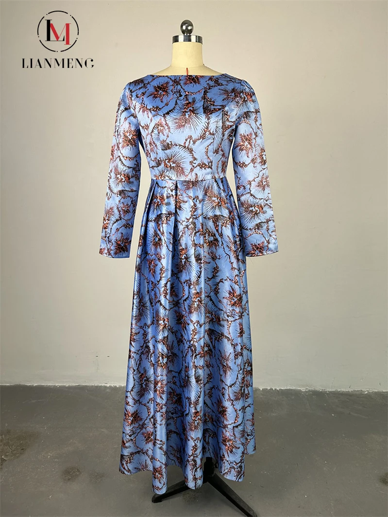 LIANMENG AB668  Hot Sale Long Sleeve  Party Dress Maxi Print Evening Satin V Neck Belt Dress