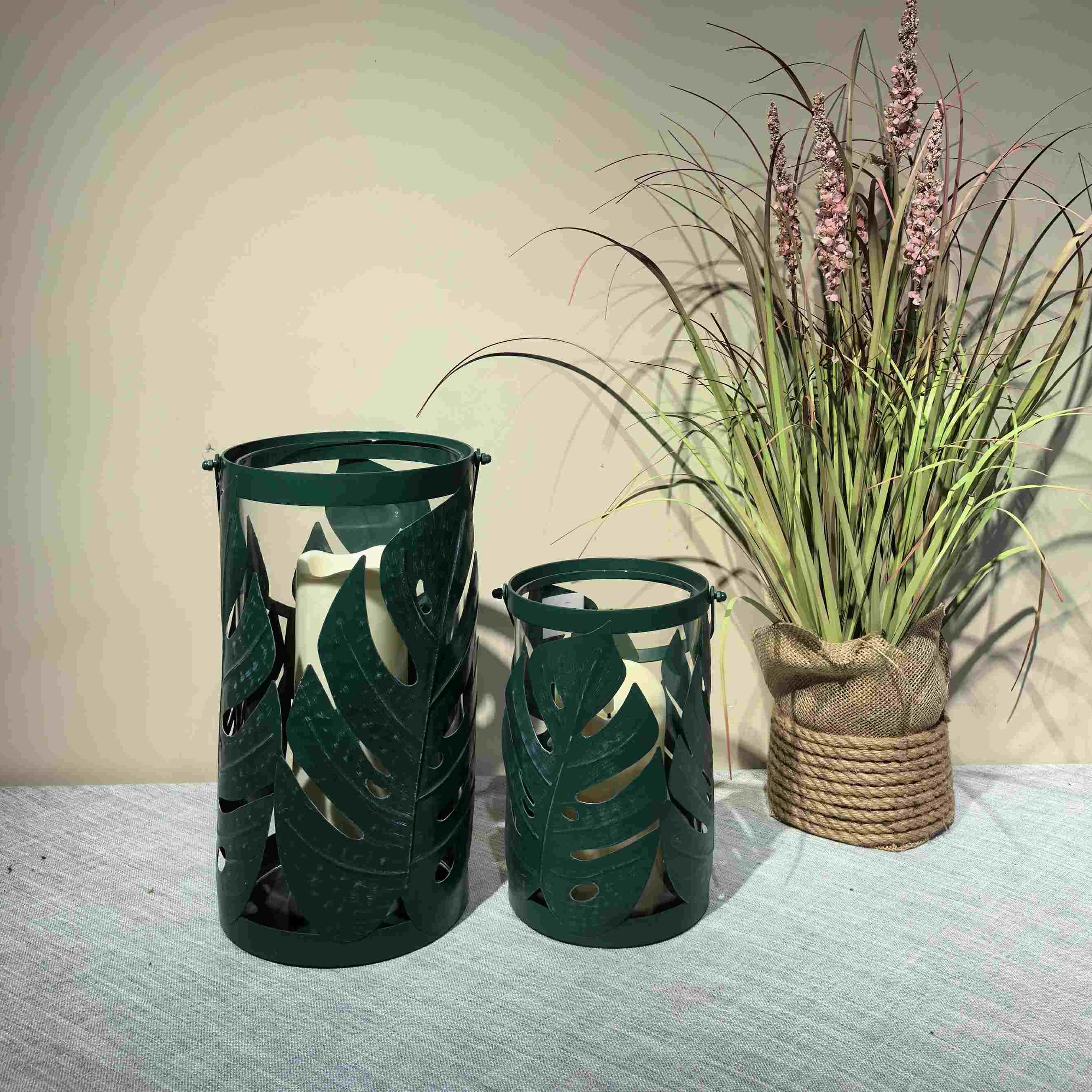 Handmade Metal Candle Holder Leaf Design Green Iron Lantern Outdoor Lighting Decor Stand Table Lamp Model Number Centerpieces