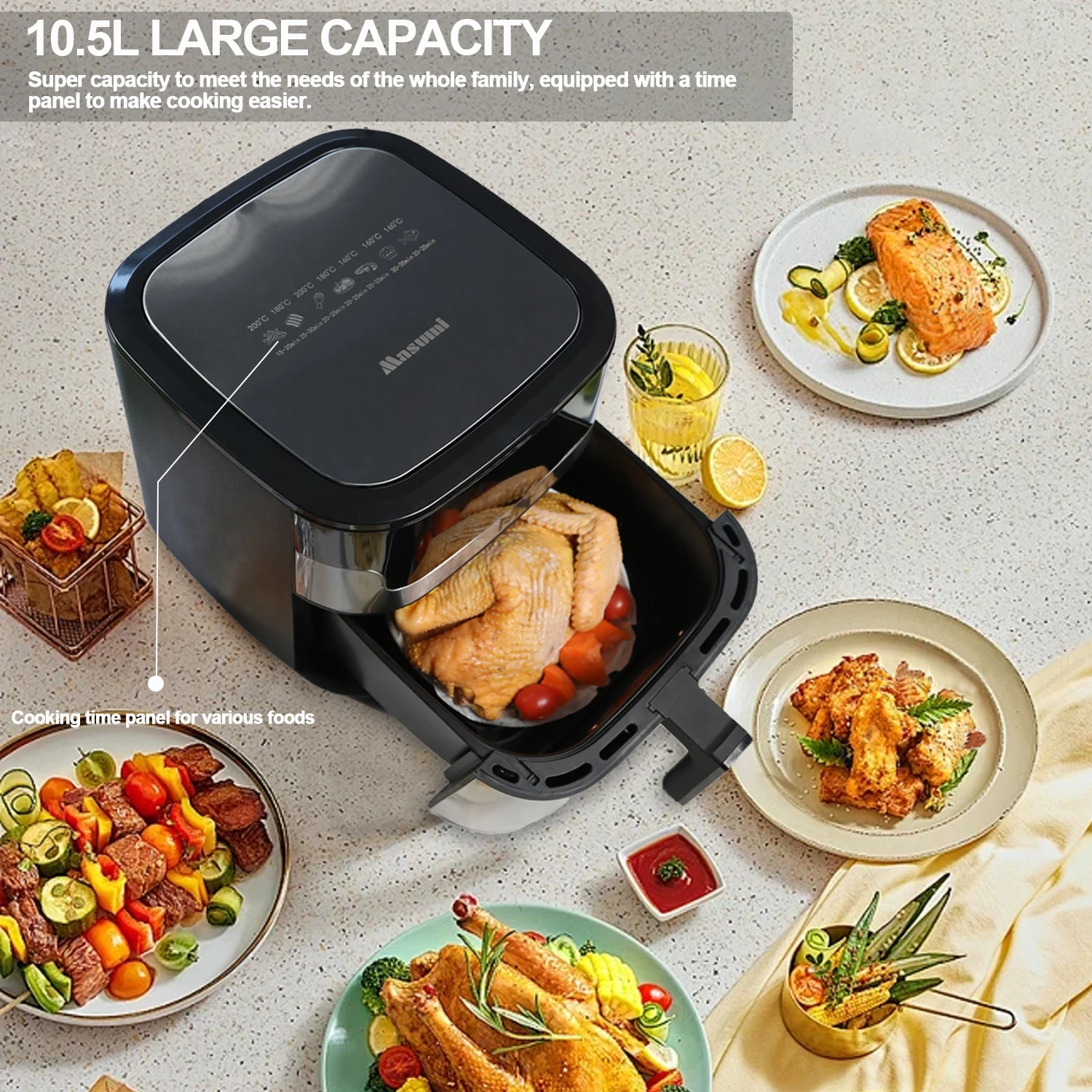 HUINING Factory Stainless Steel Smart Air Fryer Super Long Digital Display Home Use Only Deep Electric  Unique Screen