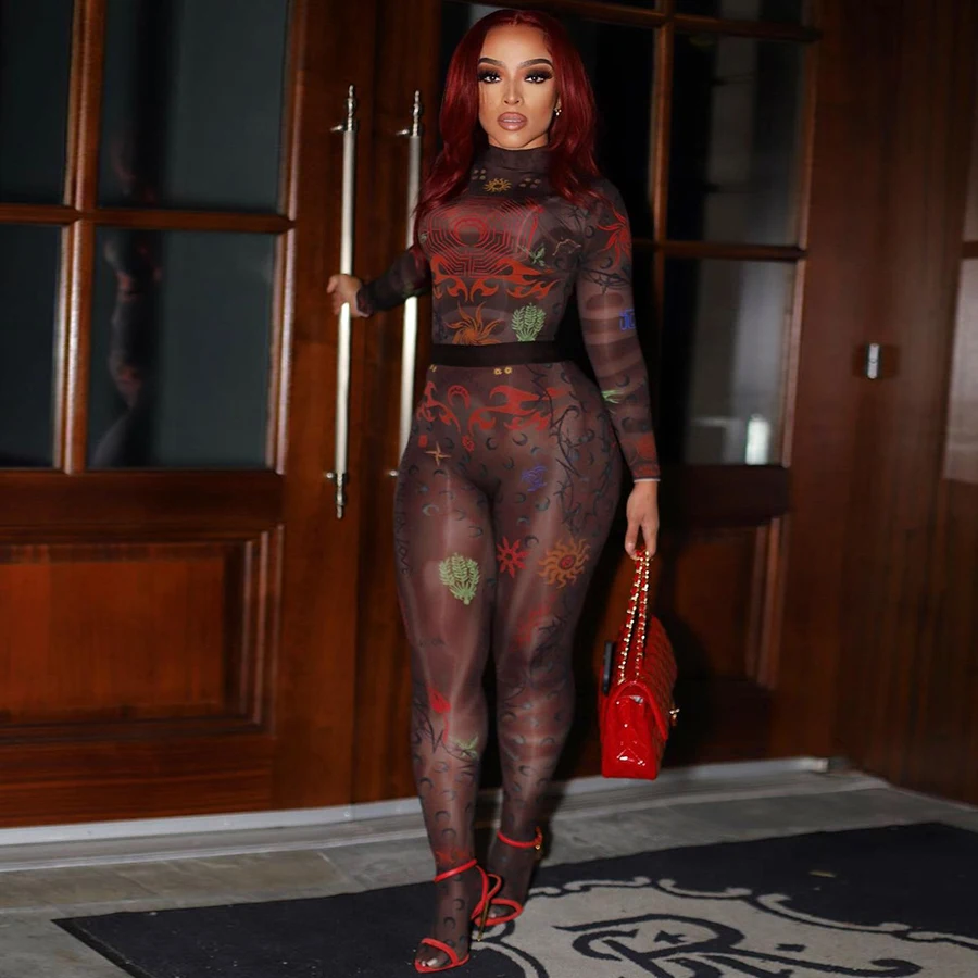 K21S07958 Custom Logo Clothing Printed Sheath Long Sleeve O-Neck Crop Top Tight Pant Set Casual Matching Two Piece Set