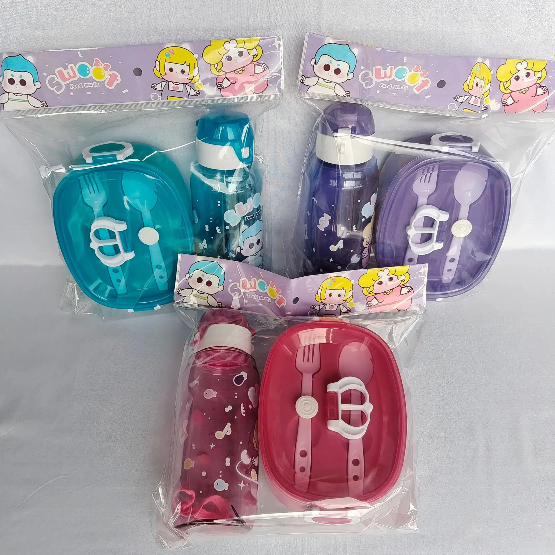 2023 new design oval shape cute children plastic school lunch box sets for kids with water bottle