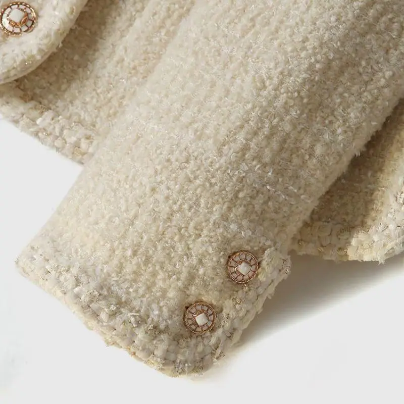 New Arrivals Autumn Beige Coat Tweed Fabric With Lining Jackets Tops Ladies Blazer Leisure Two Pockets Short Coat Women