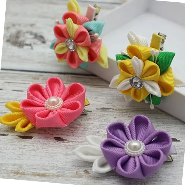 Custom Made Different Designs Japanese Style Irish Hair Bows Kanzashi Tsumami Flower Ribbon Hair Clips with Alligator Clip