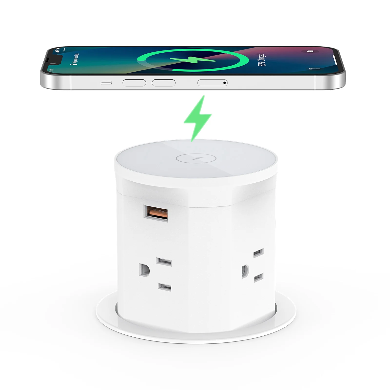 85mm Recessed Pneumatic Lift Pop Up Socket Retractable 4 AC Power Pop-Up Desktop Outlet Socket with 15W Wireless Charger