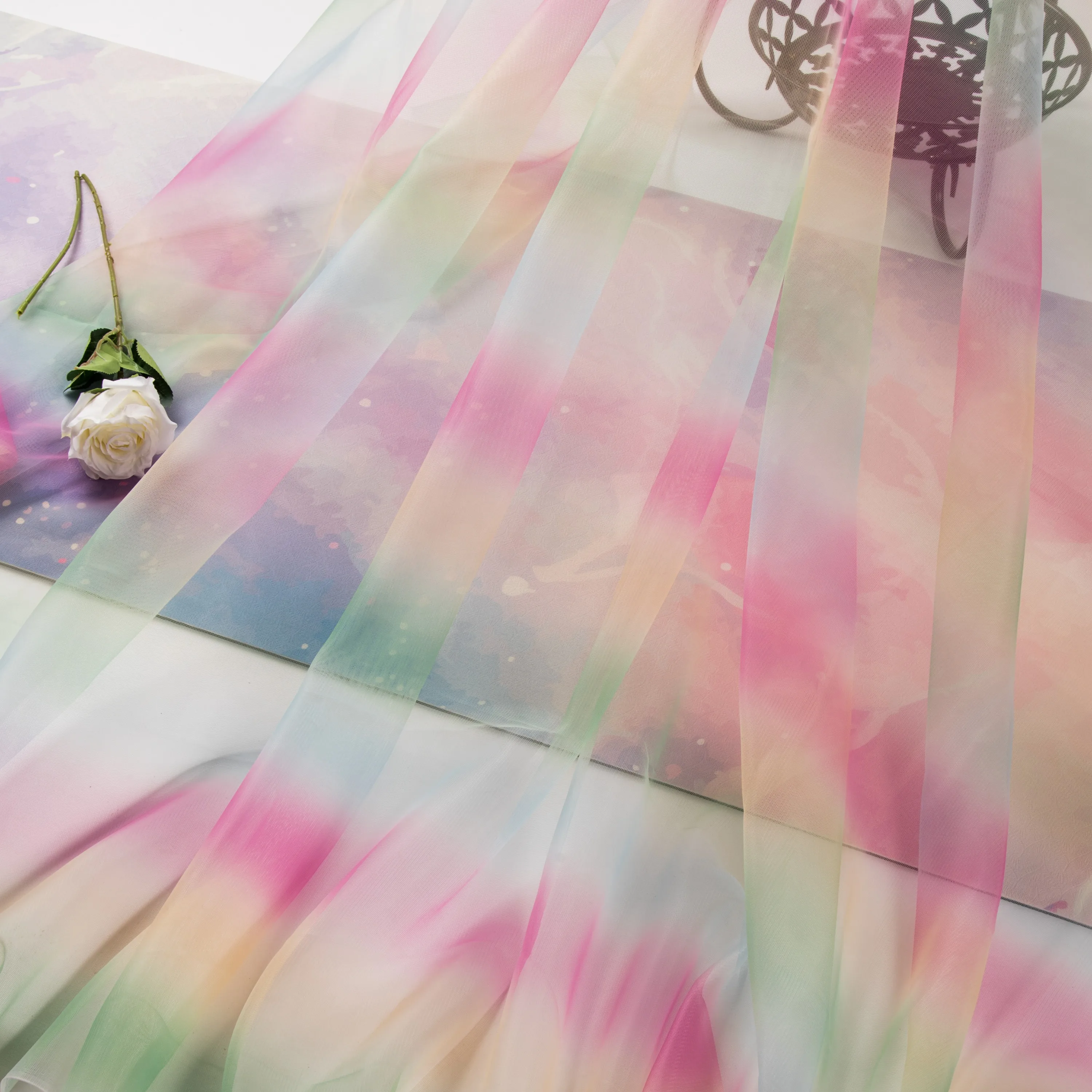 
Superior Quality Illusion Printed Rainbow Ombre Gradient Colors Fabric Tulle Mesh Fabric 