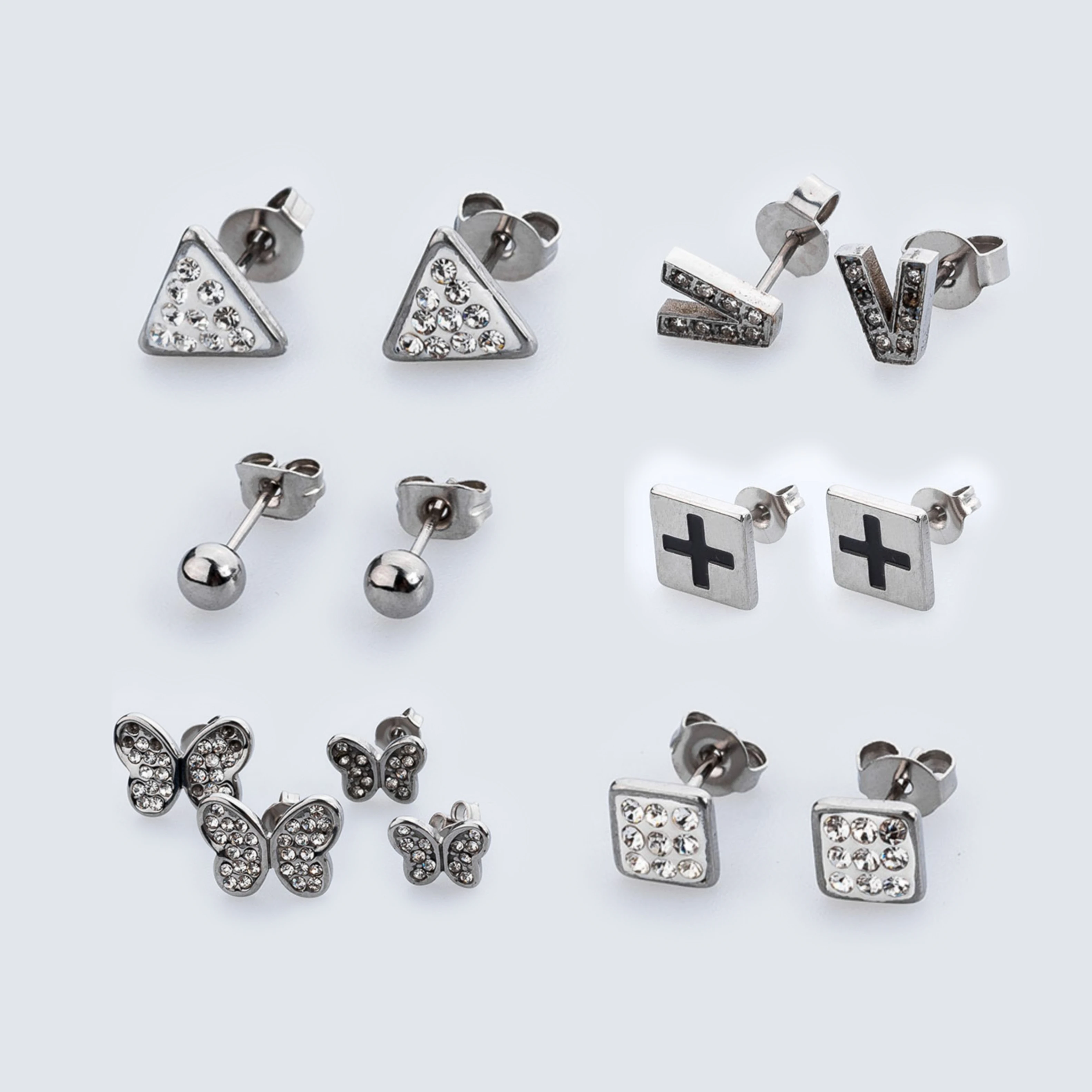 Clay CZ Stone Cross Butterfly  V Earrings Stainless Steel Men Punk Jewelry Simple Screw Stud Earrings For Women In Stock