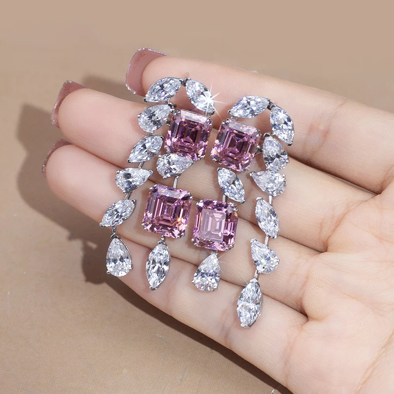 Messi Jewelry MSE-602 Silver Fancy Pink Asscher  Pear  Marquise High Carbon Diamond Cubic Zirconia Fancy Earings