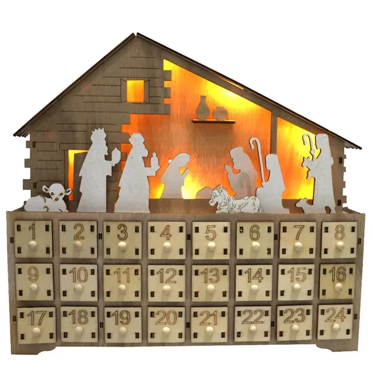 Wholesale Custom Wooden Christmas Tree Advent Calendar Box Hanging Shape for Home Use Light Chocolate Wooden Frame Party