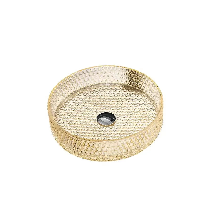 Lizhen-Hwa.Vic Modern Design Handmade Round Art Glass Wash Hand Basin Tempered Glass Sink for Bathroom Amber Crystal Colorful