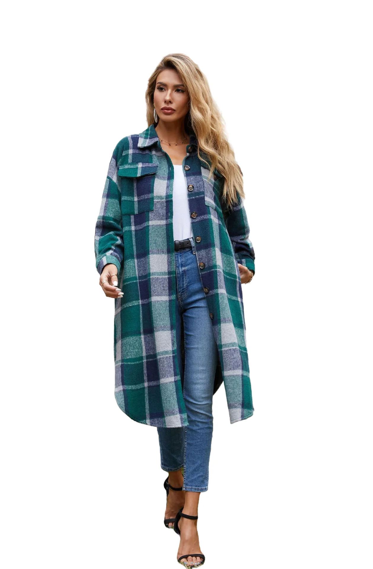 2021 Autumn Wholesale Long Sleeve Ladies Plaid Woolen Coat with Pocket Jacket Woman Jacket plaid trench coat