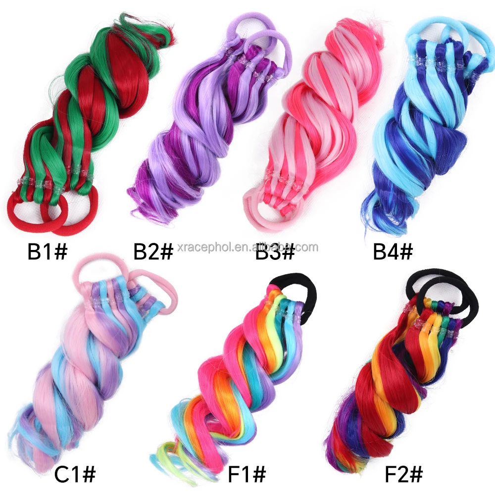 Wholesale Blue Pink 2 Pcs Curled Kids Ponytail Hair Extension for Christmas Party