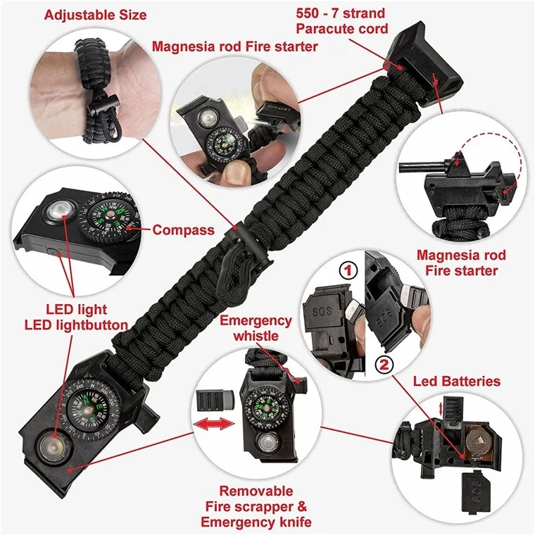 Multifunction LED SOS paracord survival bracelet with led flashlight, compass, firestarter, whistle buckle