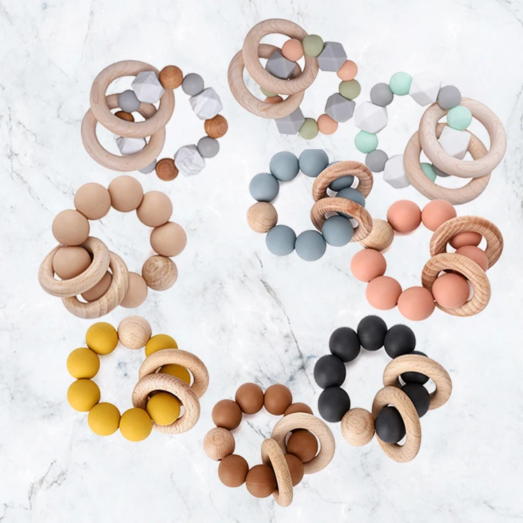 Bangle teether Silicone Teething Toys Rainbow Wooden Teether Ring Silicone leather cartoon holiday silicone Baby Teether