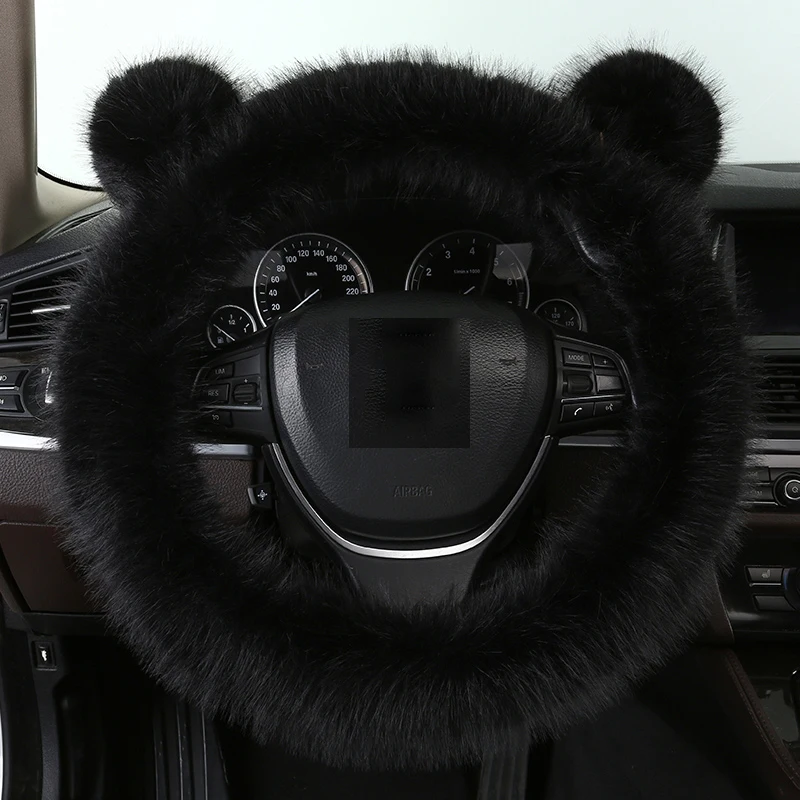 cute faux wool long plush comfortable anti slip unfading unshedding pink thermal girl steering wheel cover for lady