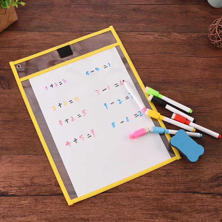 Colored Children Writing Drawing Transparent PVC Easy Wiped Reusable Dry Erase Pockets Sleeves