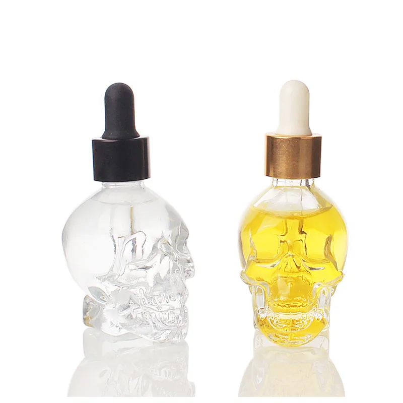 Wholesale 25ml Clear Skin Care Cosmetic Glass Bottle Skull Head Dropper Essential Oil Glass Bottles