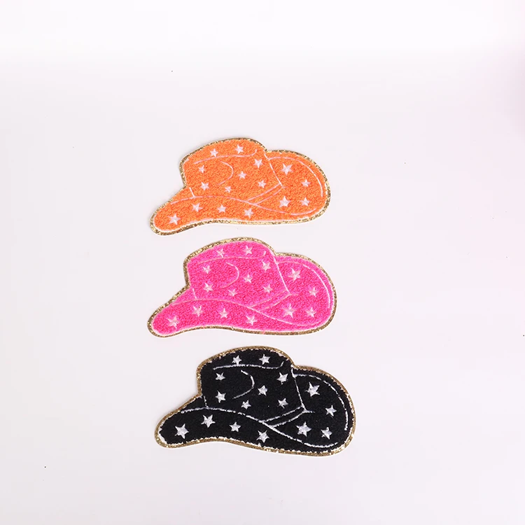 2022 Wholesale hot embroidery iron on patches big heat press gold glitter star cow boy hat shaped chenille patches for clothing