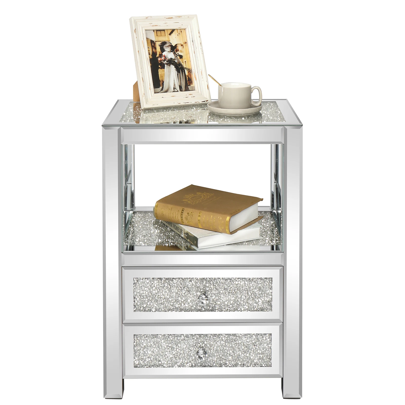 Modern Crushed Diamond Mirrored Nightstand with 2-Drawers Mirror Sofa Side Table End Table Silver Bedside Table for Living Room