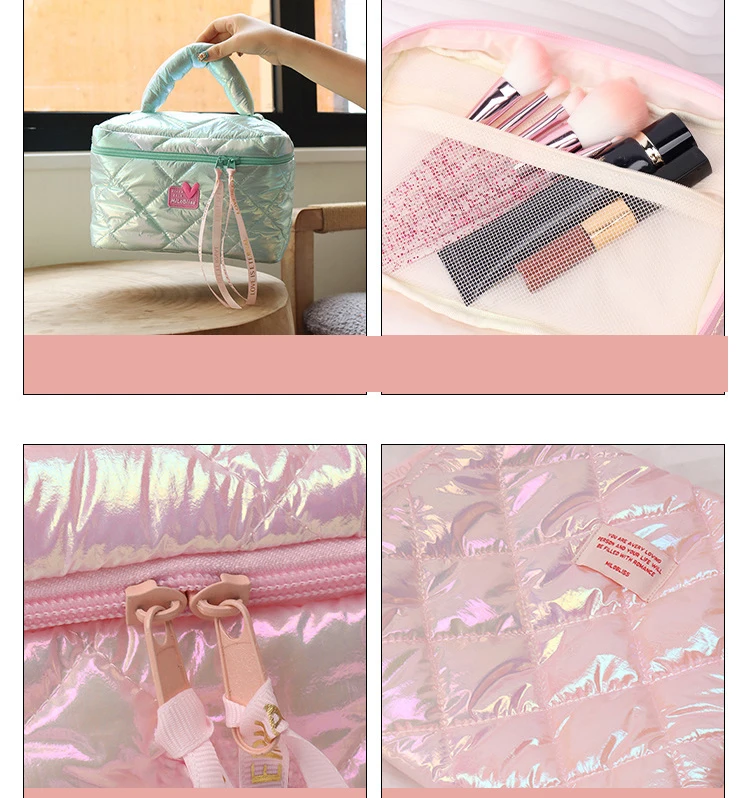 Custom Label designer Fashion laser  Soft Quilting Portable Toiletry Bags Travel Puffer Zipper Makeup Silver Cosmetic Bag Pouch
