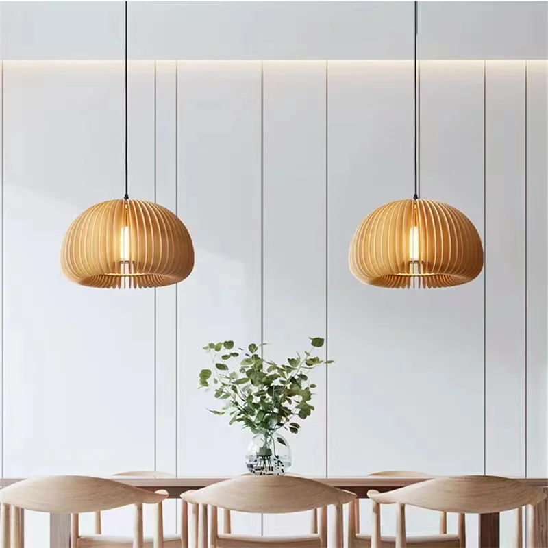 Kitchen Decorative E27 Hanging Lamp Dining Room Pumpkin Shade Bamboo Pendant Lamp Hotel Cheap Nordic Modern Wood Pendant Light