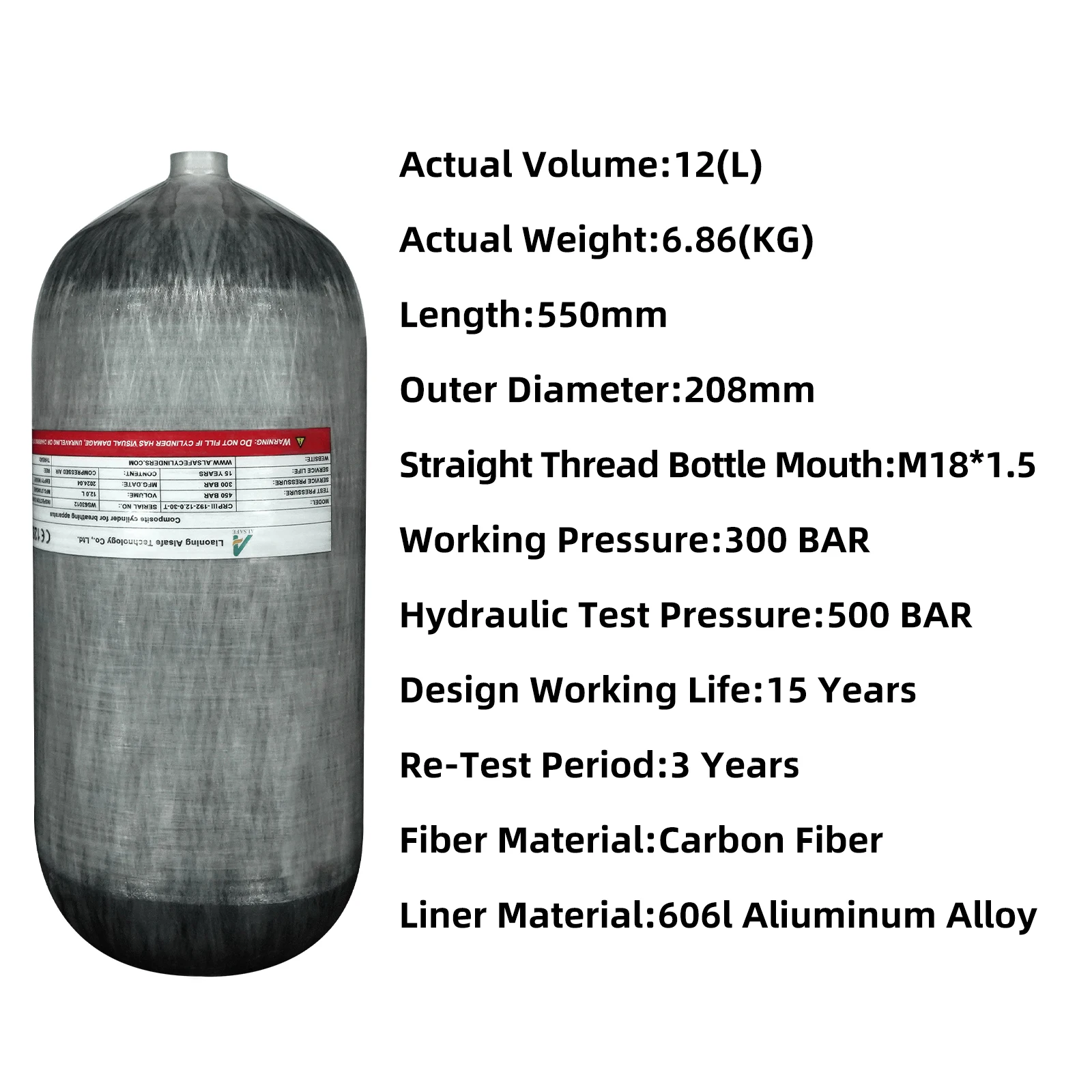 TUXING Long-Term Use Durable Customizable 300bar 30Mpa 4500psi 12Liters Big Capacity PCP Carbon Fiber Cylinder For Scuba Diving