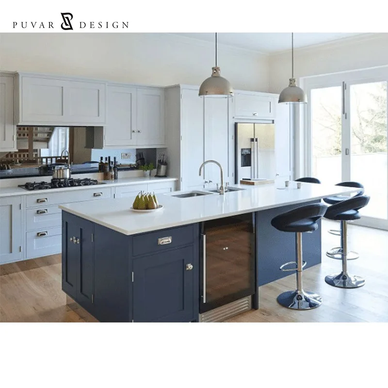 Custom modern light luxury american u shape navy blue wooden kitchen cabinets with island set