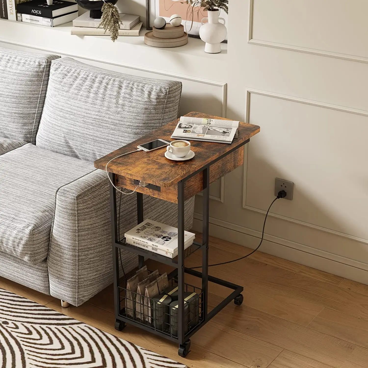 End Table with Charging Station C Shaped Snack Table for Small Spaces Flip Top Side Table with USB Ports Power Outlets